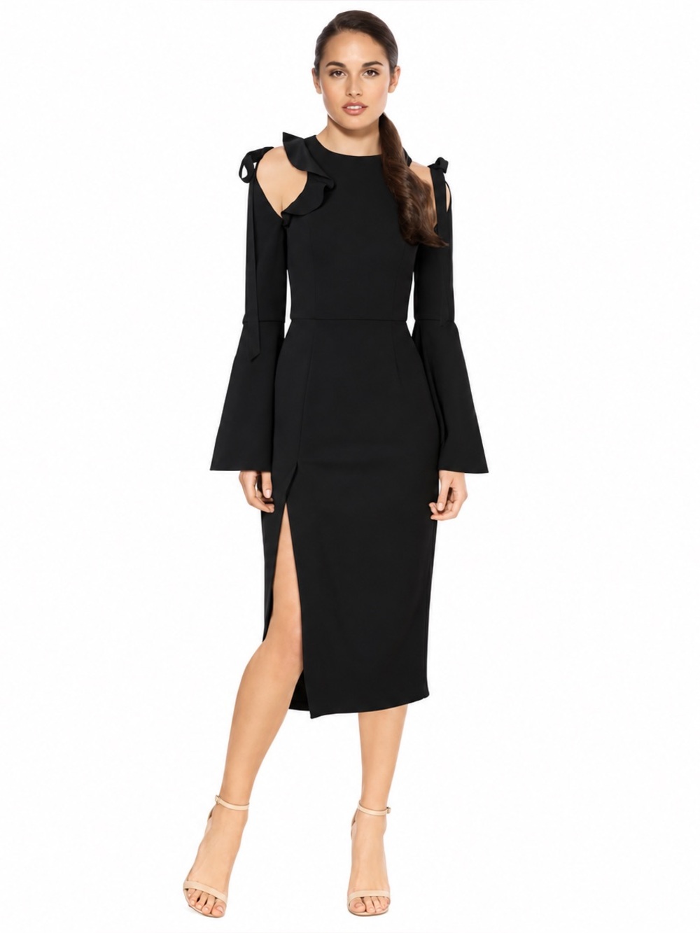 Rebecca Vallance Gigi Black Ruffle Cutout Midi Dress Size 2